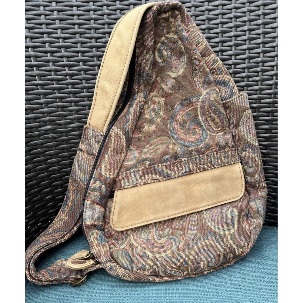 Vintage LL Bean AmeriBag Sling Backpack Purse Tapestry PaisleyFabric LeatherTrim